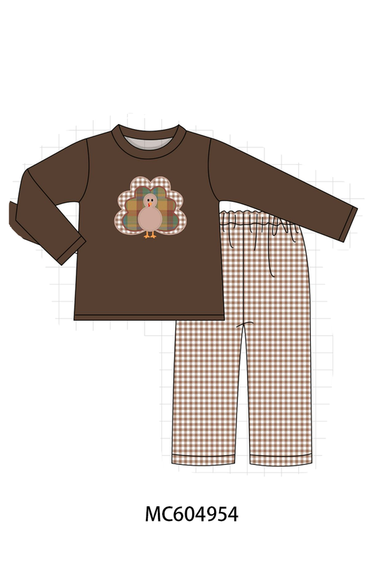Brown Turkey Appliqué Gingham Pants Set - Sweet Thanksgiving Style for Boys
