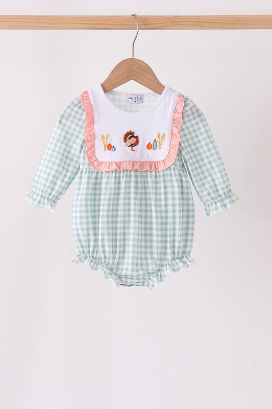 Sage Gingham Turkey Embroidery Ruffle Bubble - Sweet Fall Style for Baby Girls