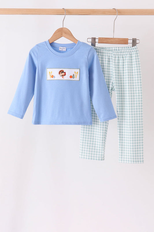 Sage Turkey Embroidery Gingham Pants Set - Sweet Fall Style for Boys
