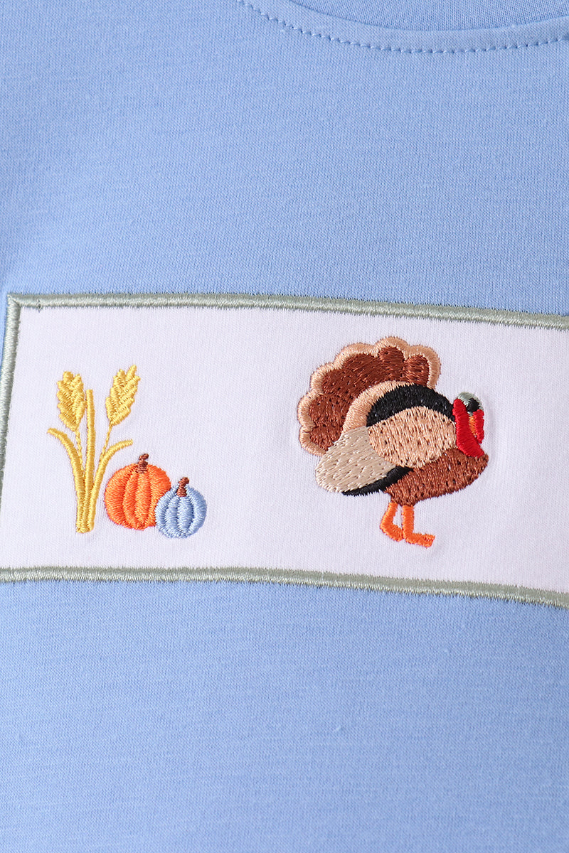 Sage Turkey Embroidery Gingham Pants Set - Sweet Fall Style for Boys