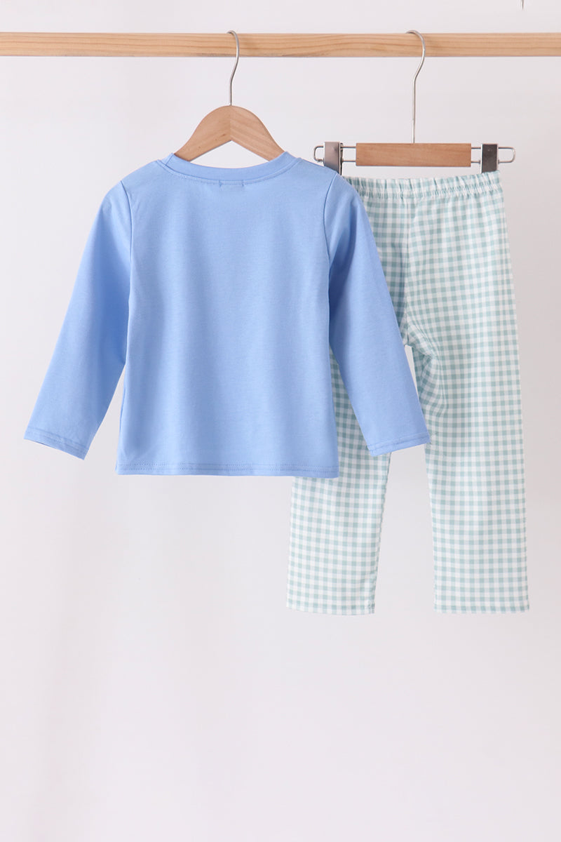 Sage Turkey Embroidery Gingham Pants Set - Sweet Fall Style for Boys