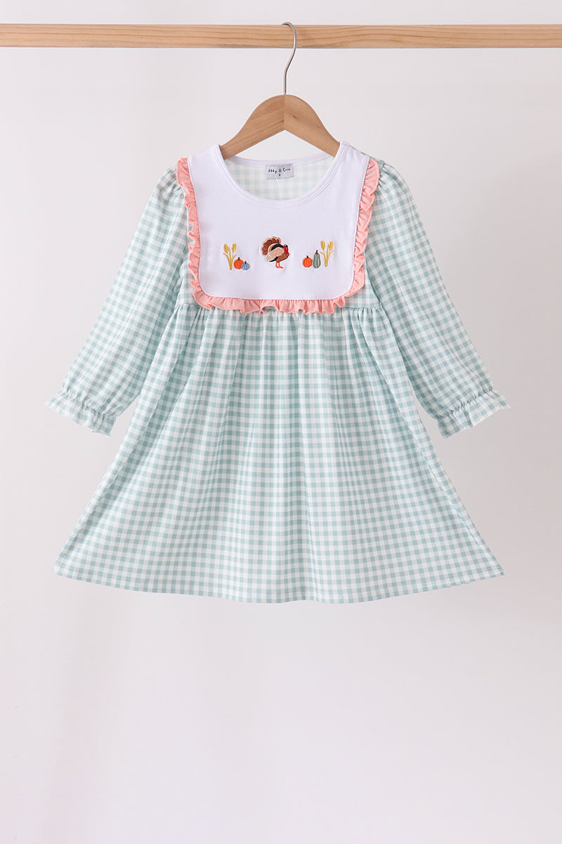 Sage Turkey Embroidery Gingham Ruffle Dress - Sweet Thanksgiving Style for Girls