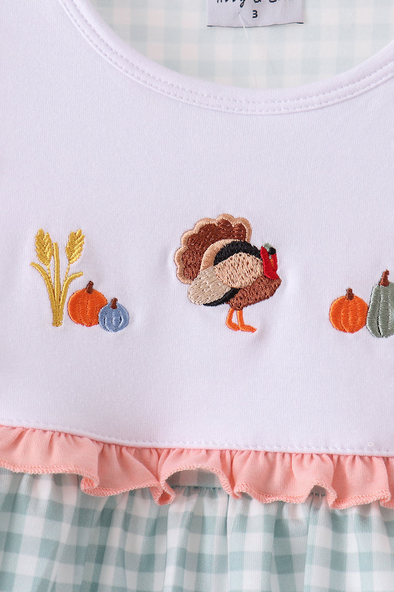 Sage Turkey Embroidery Gingham Ruffle Dress - Sweet Thanksgiving Style for Girls