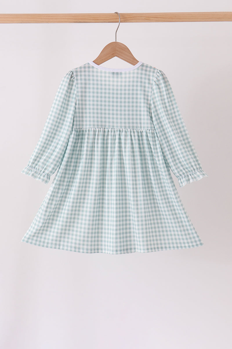 Sage Turkey Embroidery Gingham Ruffle Dress - Sweet Thanksgiving Style for Girls