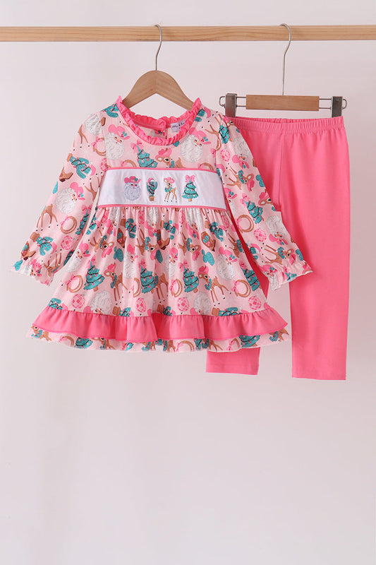 Pink Cowboy Santa Embroidery Ruffle Pants Set - Sweet Christmas Style for Girls