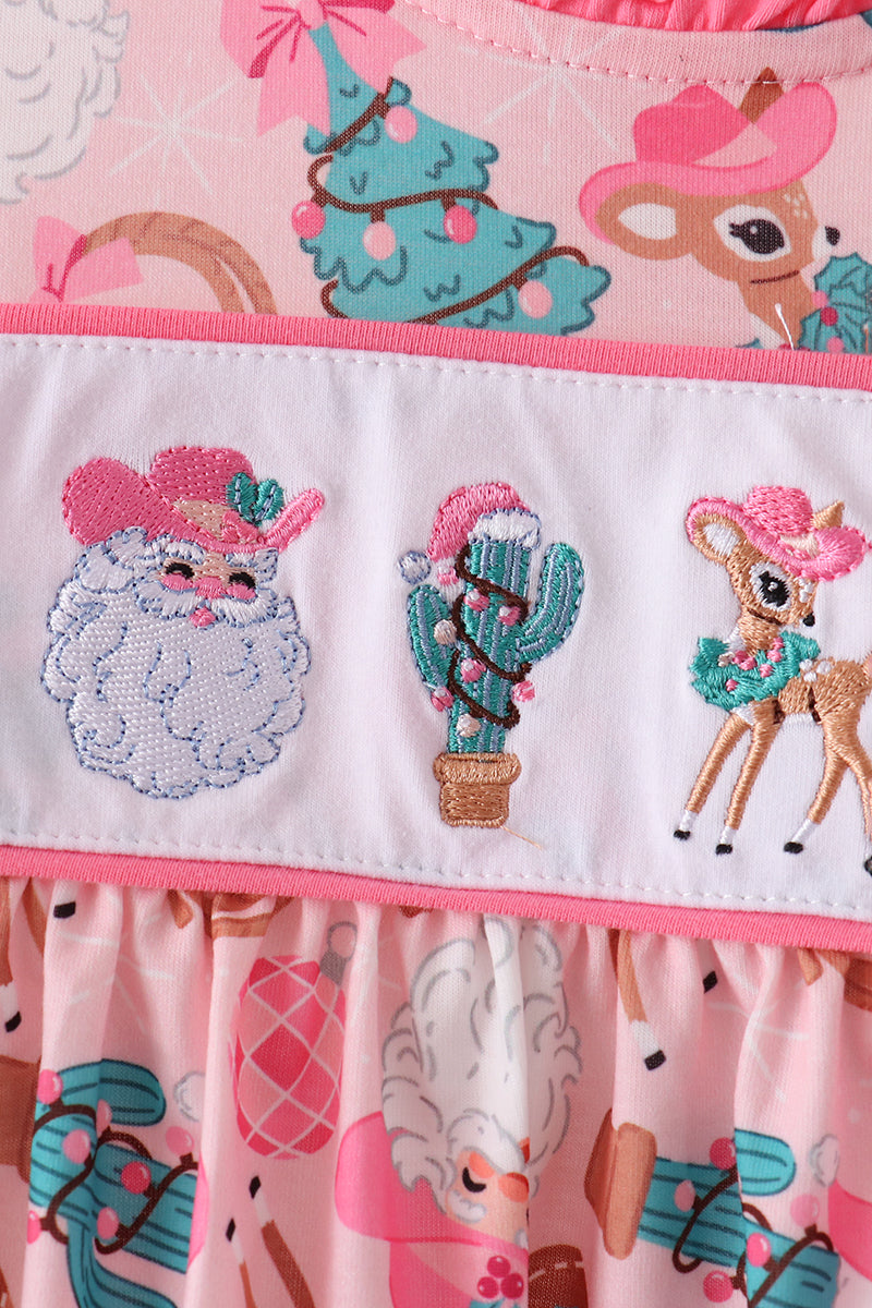 Pink Cowboy Santa Embroidery Ruffle Pants Set - Sweet Christmas Style for Girls