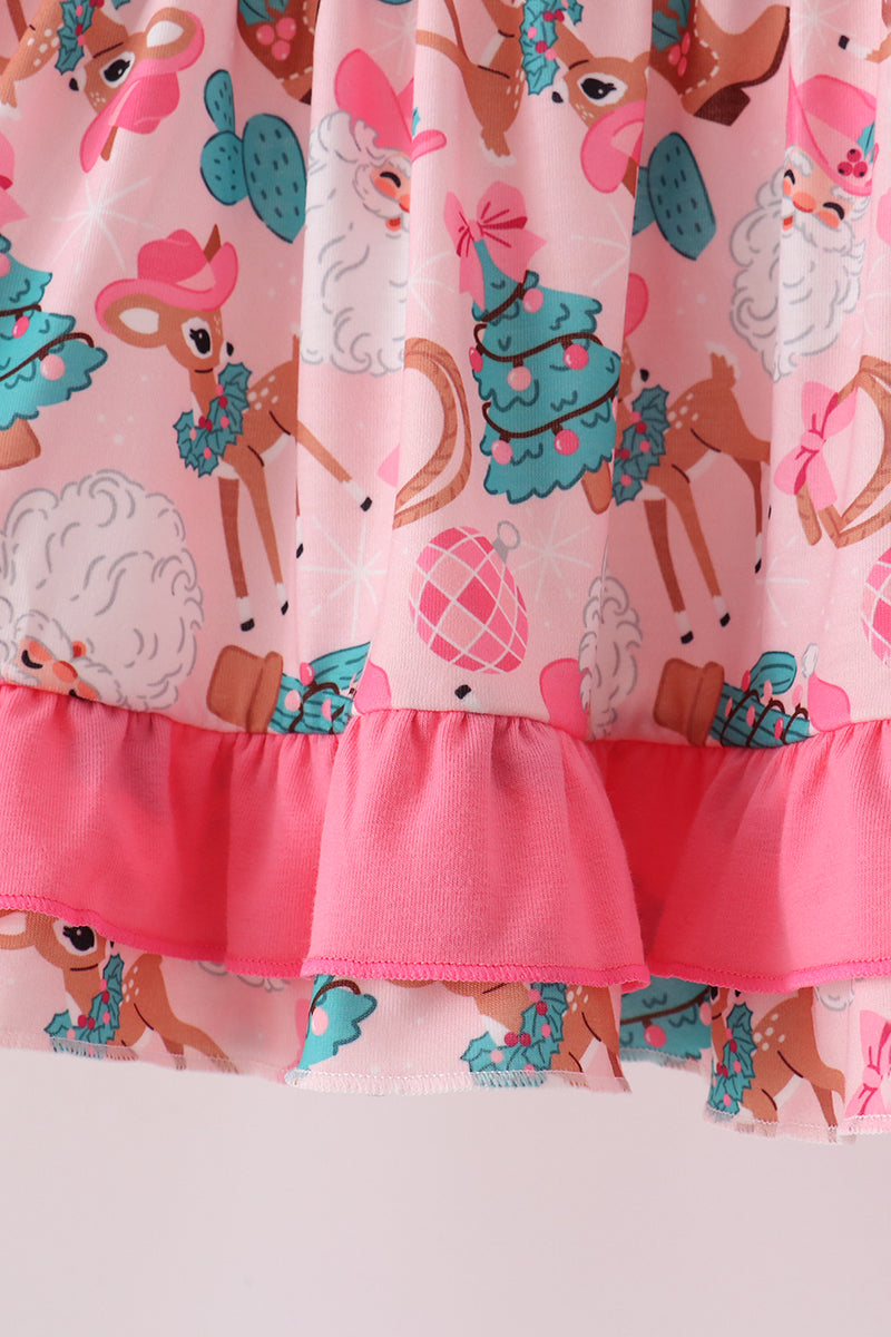 Pink Cowboy Santa Embroidery Ruffle Pants Set - Sweet Christmas Style for Girls