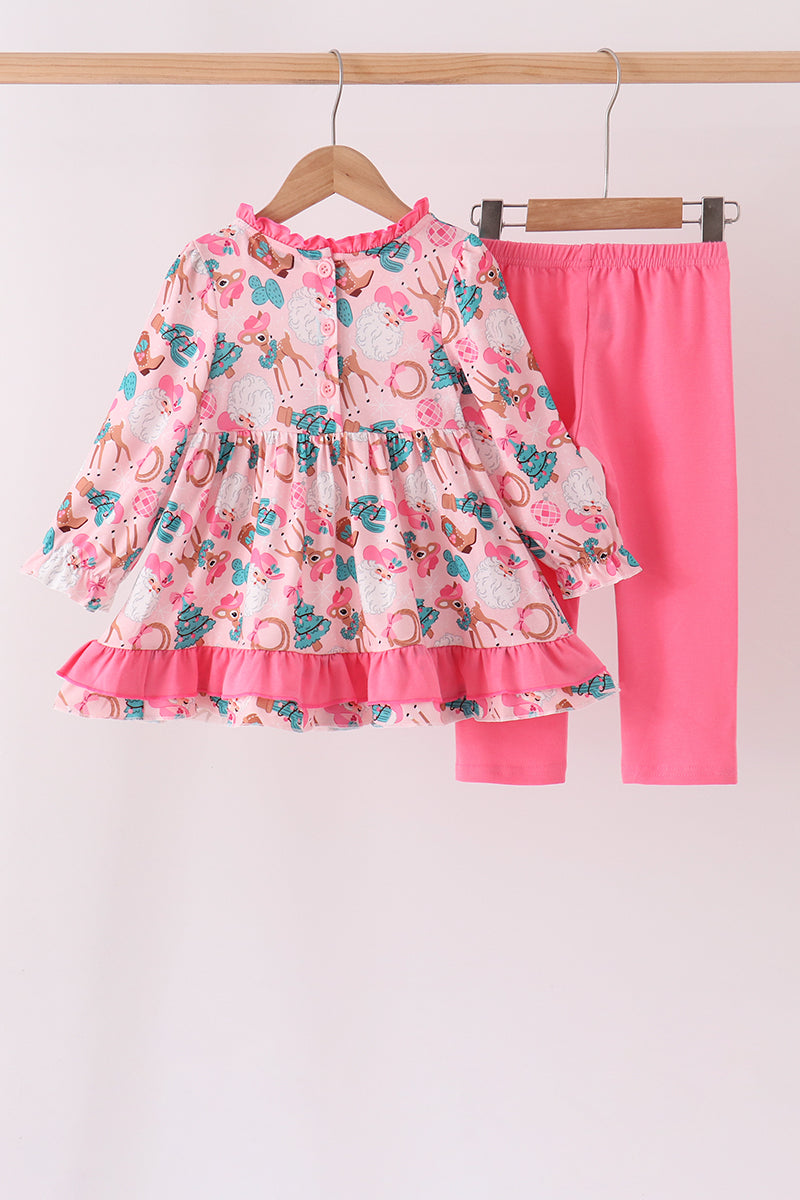 Pink Cowboy Santa Embroidery Ruffle Pants Set - Sweet Christmas Style for Girls