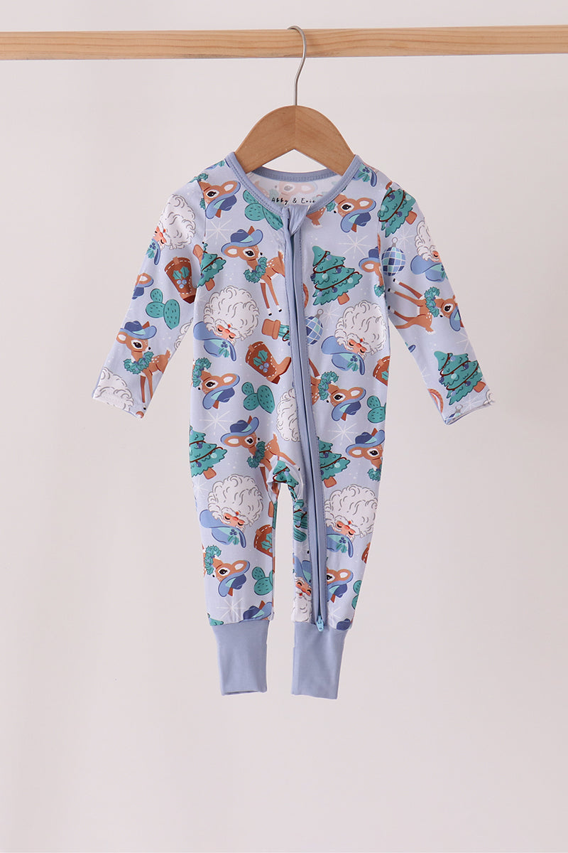 Blue Cowboy Christmas Bamboo Zipper Romper - Sweet Holiday Style for Baby Boys
