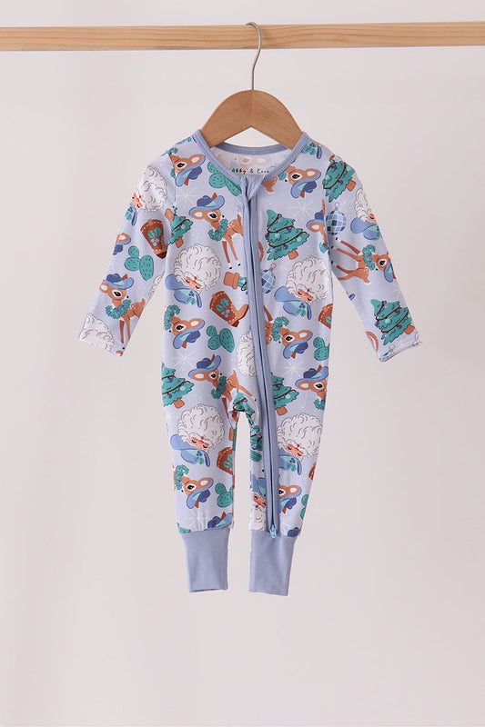 Blue Cowboy Christmas Bamboo Zipper Romper - Sweet Holiday Style for Baby Boys
