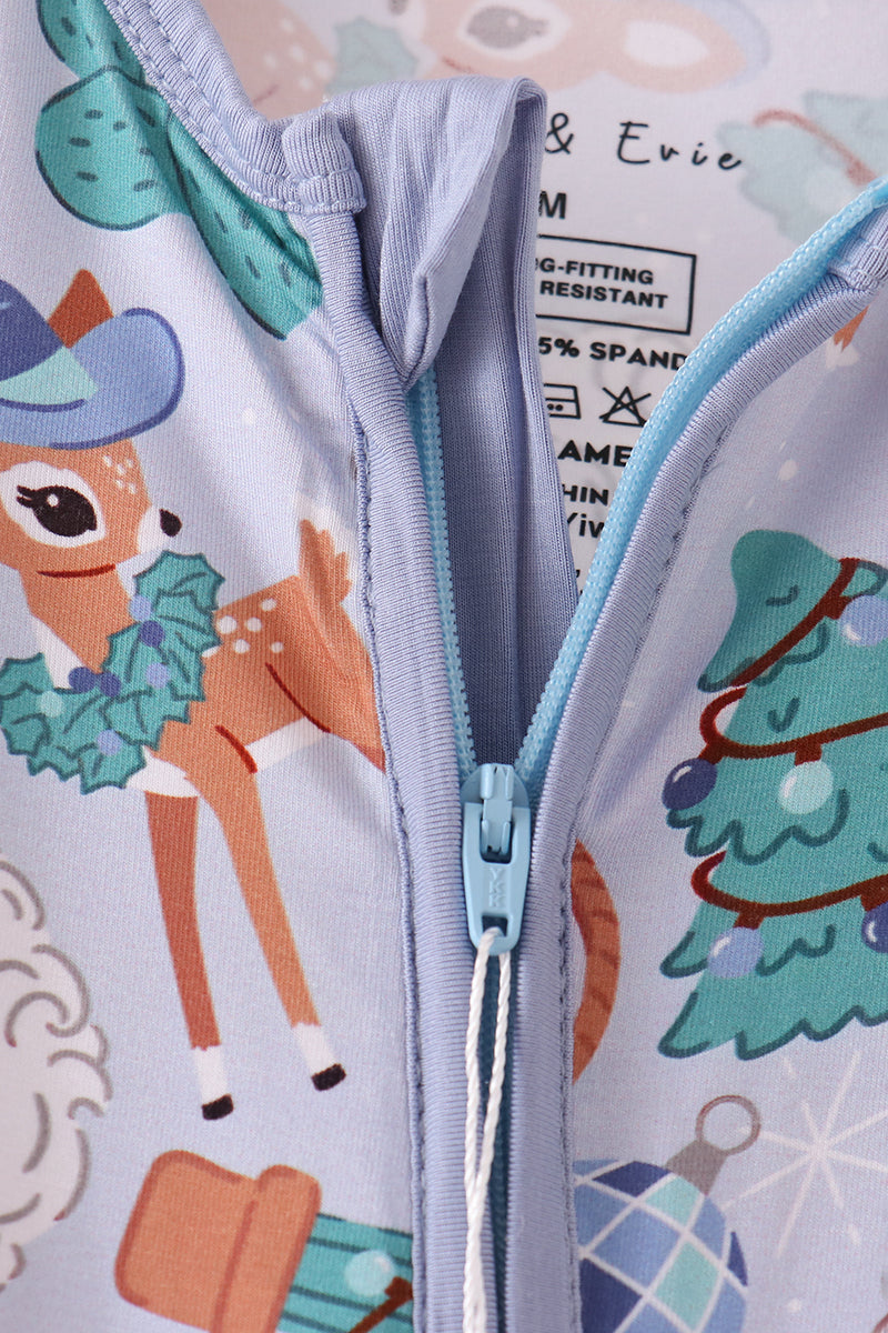 Blue Cowboy Christmas Bamboo Zipper Romper - Sweet Holiday Style for Baby Boys