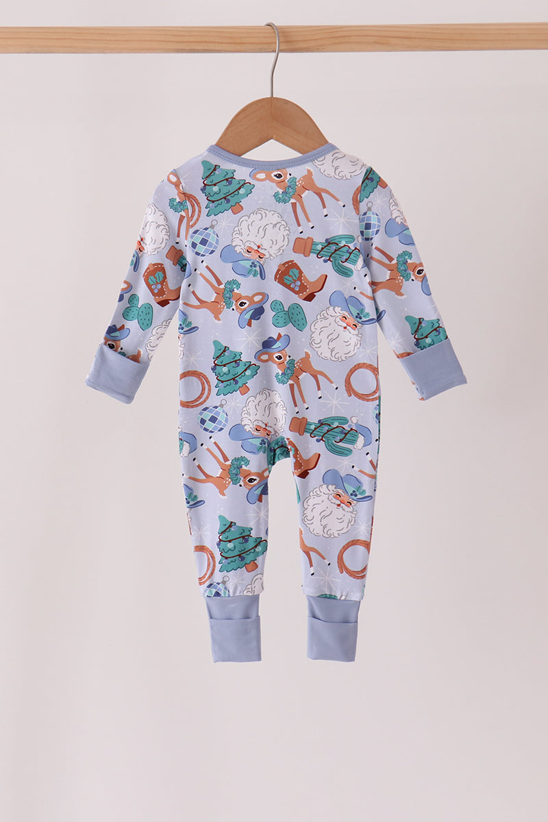 Blue Cowboy Christmas Bamboo Zipper Romper - Sweet Holiday Style for Baby Boys