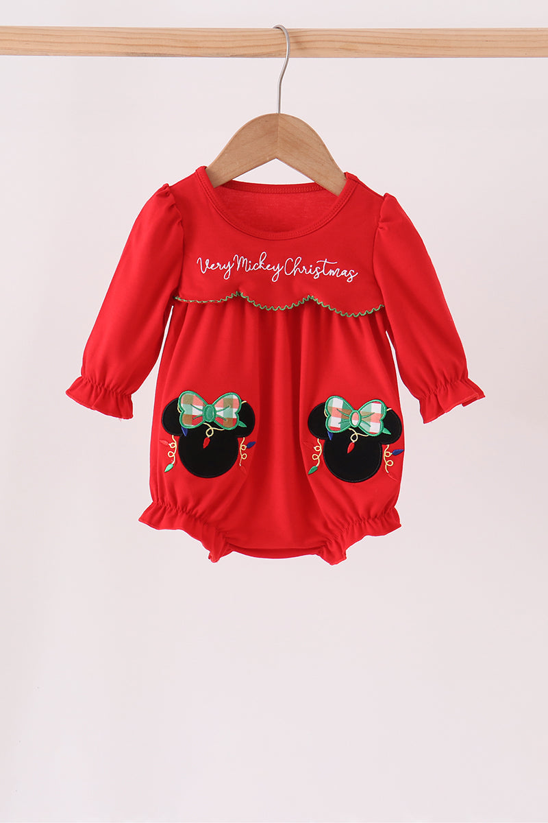 Red Christmas Character Applique Ruffle Bubble - Festive Holiday Style for Baby Girls