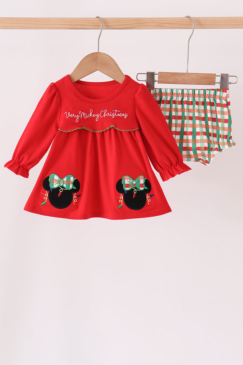 Red Christmas Character Applique Gingham Bloomer Set - Festive Holiday Style for Baby Girls