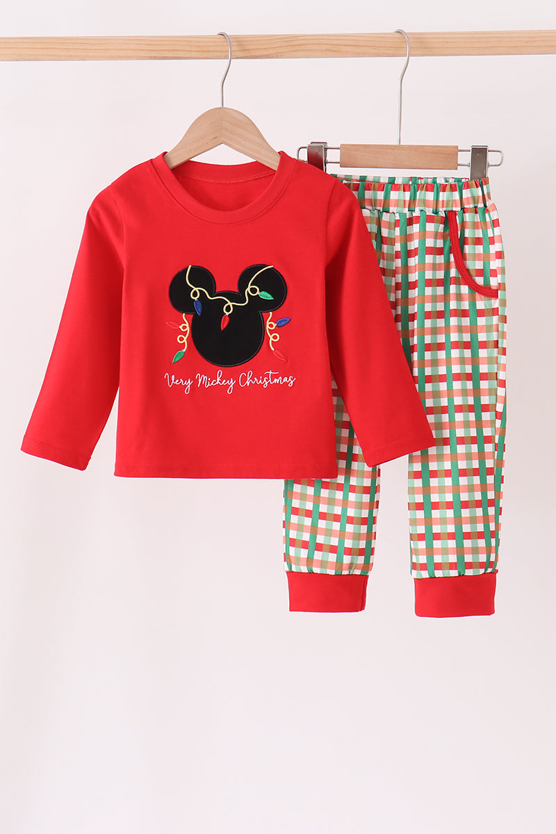 Red Christmas Character Applique Gingham Pants Set - Festive Holiday Style for Girls