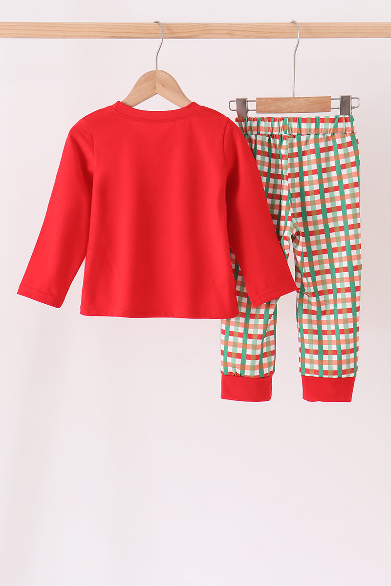 Red Christmas Character Applique Gingham Pants Set - Festive Holiday Style for Girls