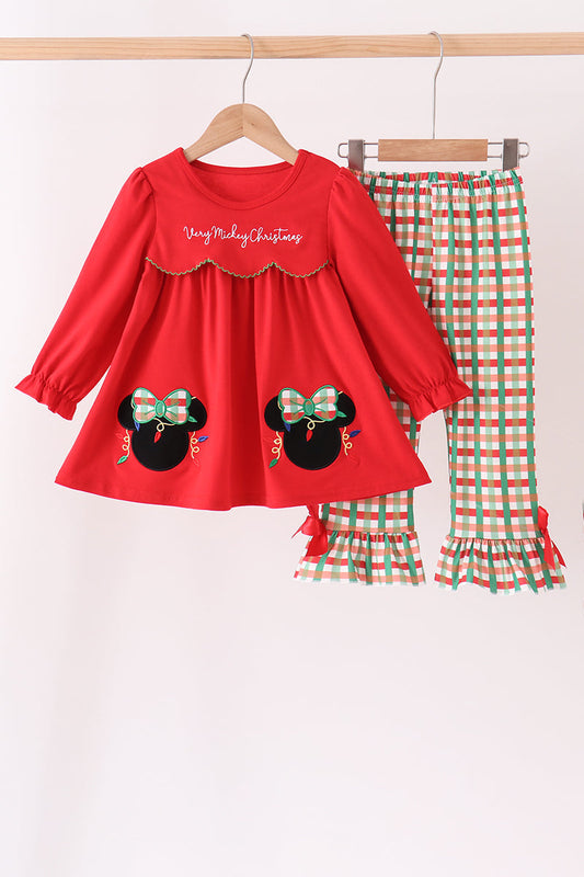 Red Christmas Character Applique Gingham Ruffle Pants Set - Festive Holiday Style for Girls