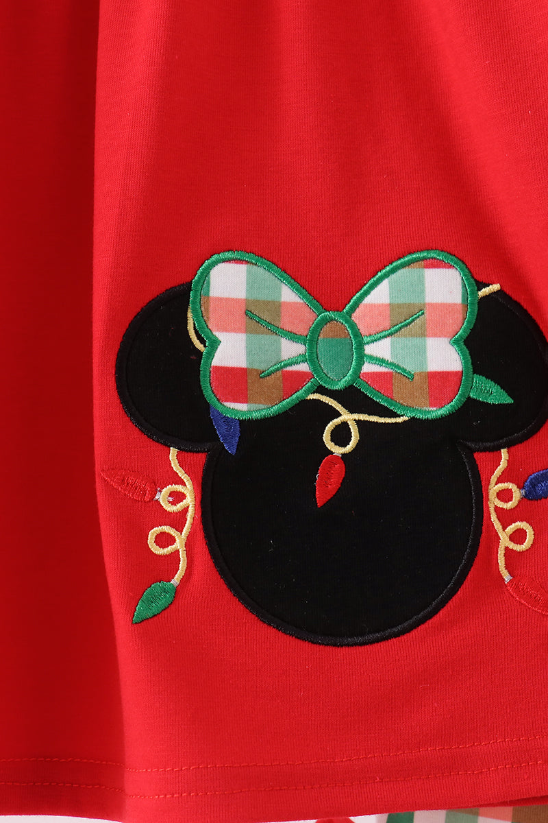 Red Christmas Character Applique Gingham Ruffle Pants Set - Festive Holiday Style for Girls