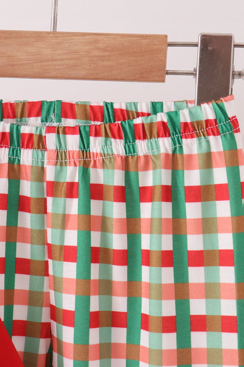 Red Christmas Character Applique Gingham Ruffle Pants Set - Festive Holiday Style for Girls