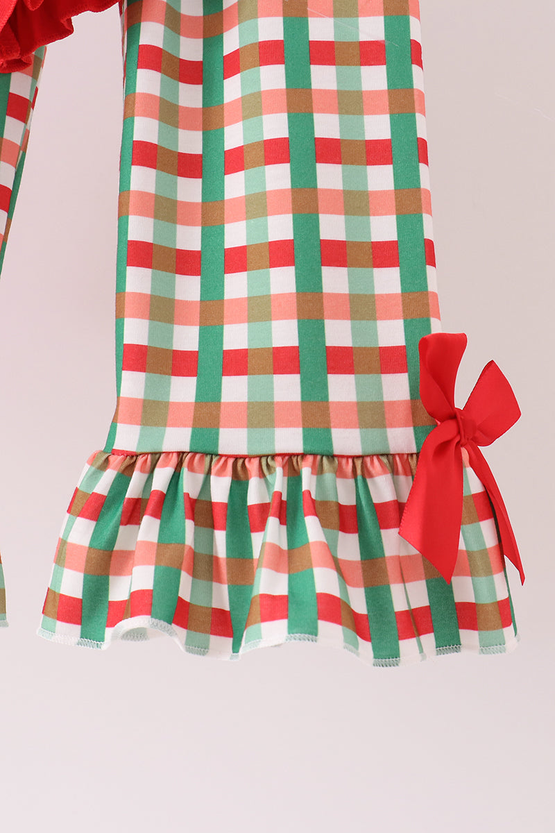 Red Christmas Character Applique Gingham Ruffle Pants Set - Festive Holiday Style for Girls