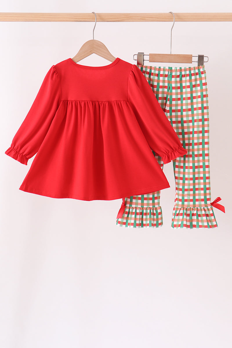 Red Christmas Character Applique Gingham Ruffle Pants Set - Festive Holiday Style for Girls