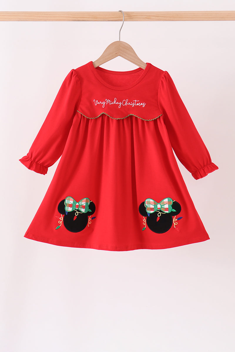 Red Christmas Character Applique Dress - Festive Holiday Style for Girls