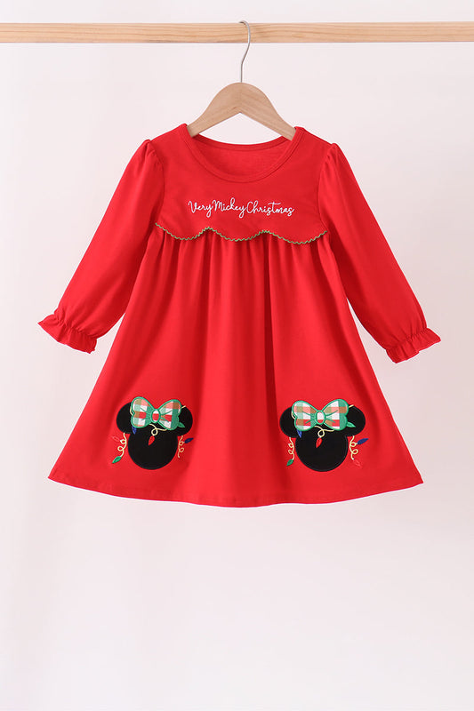 Red Christmas Character Applique Dress - Festive Holiday Style for Girls