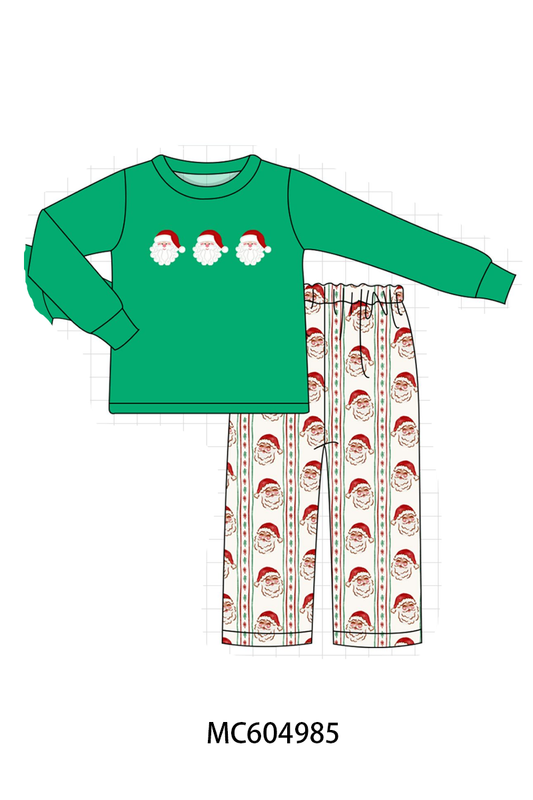 Green Santa Embroidery Pants Set - Merry Christmas Style for Boys