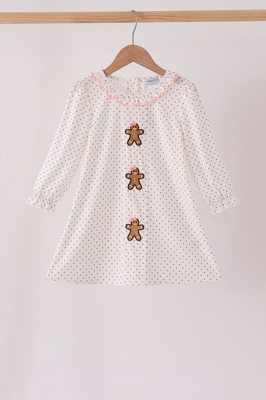 Pink Gingerbread Embroidery Ruffle Dress - Sweet Christmas Style for Girls