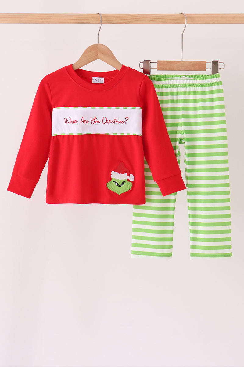 Green Grinch Appliqué Stripe Pants Set - Playful Christmas Style for Boys