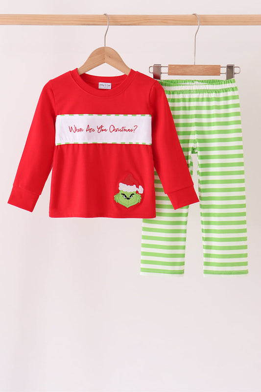 Green Grinch Appliqué Stripe Pants Set - Playful Christmas Style for Boys
