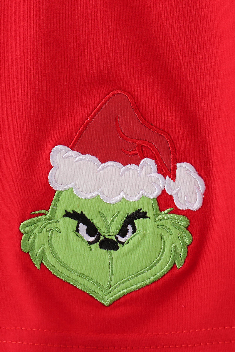Green Grinch Appliqué Stripe Pants Set - Playful Christmas Style for Boys