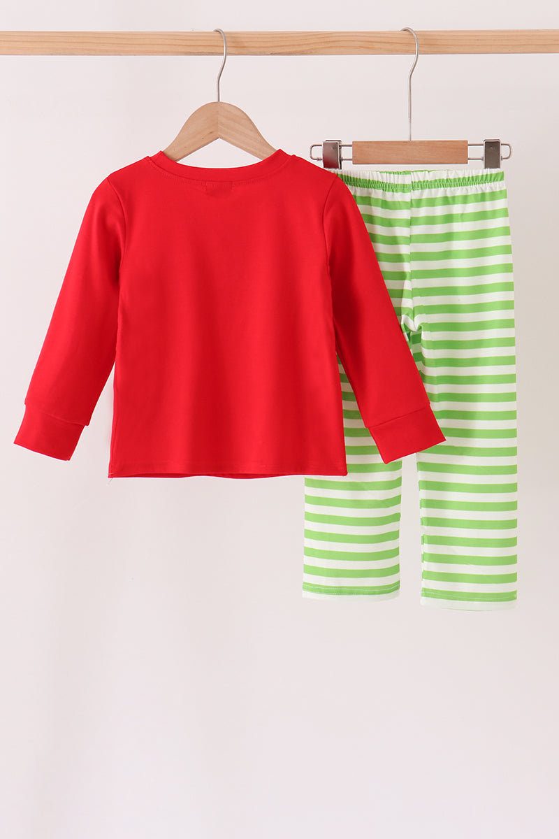 Green Grinch Appliqué Stripe Pants Set - Playful Christmas Style for Boys