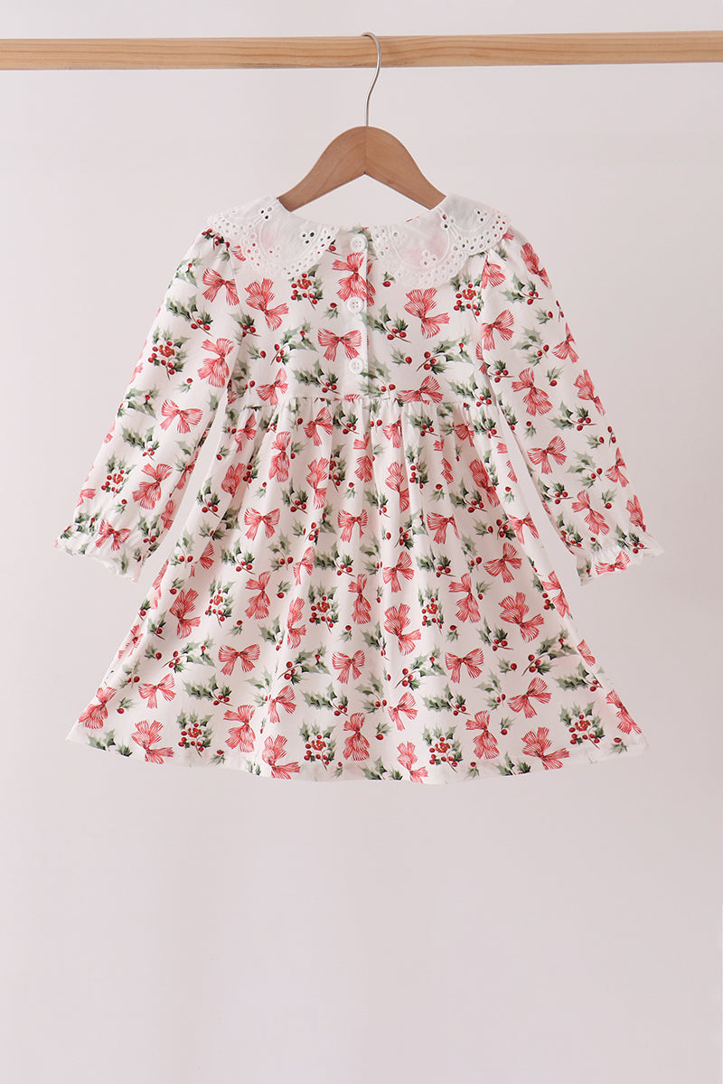 Red Holly Bow Smocked Lace Dress
