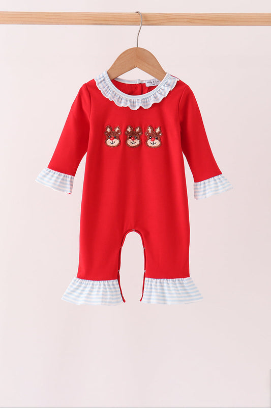 Red Reindeer French Knot Ruffle Romper