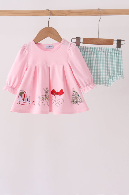 Pink Christmas Embroidery Bloomer Set - Sweet Holiday Style for Little Girls