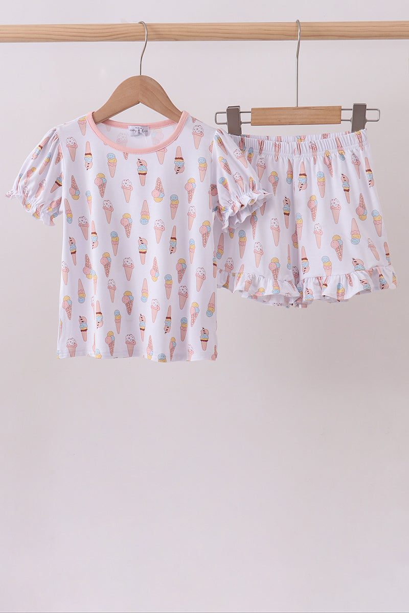 Pink Ice Cream Print Bamboo Ruffle Pajama Set