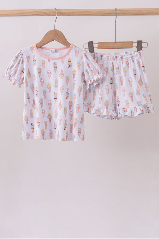 Pink Ice Cream Print Bamboo Ruffle Pajama Set