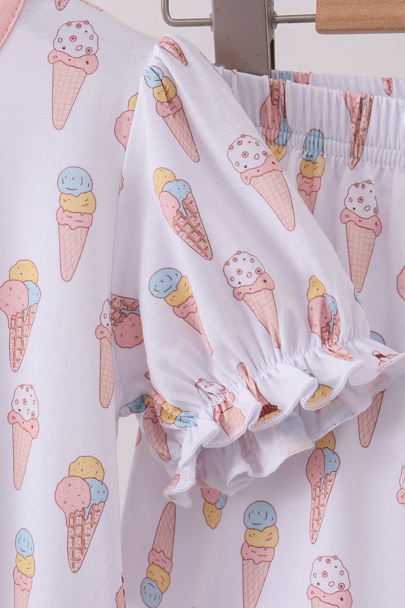 Pink Ice Cream Print Bamboo Ruffle Pajama Set