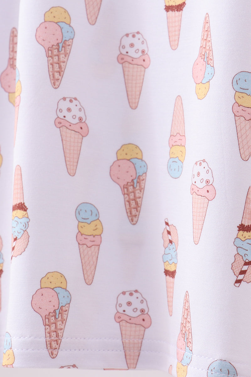 Pink Ice Cream Print Bamboo Ruffle Pajama Set