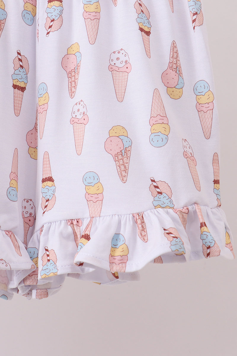 Pink Ice Cream Print Bamboo Ruffle Pajama Set