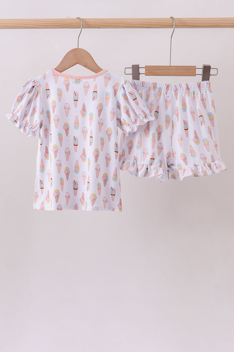 Pink Ice Cream Print Bamboo Ruffle Pajama Set