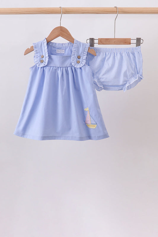 Blue Sailboat Embroidered Bloomer Set – Nautical Baby Girl Two-Piece