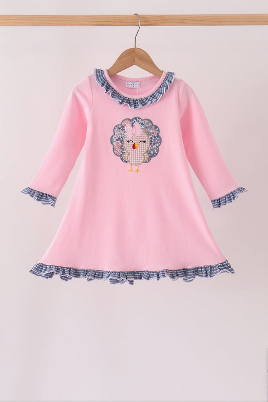 Pink Turkey Appliqué Ruffle Dress - Sweet Fall Style for Girls