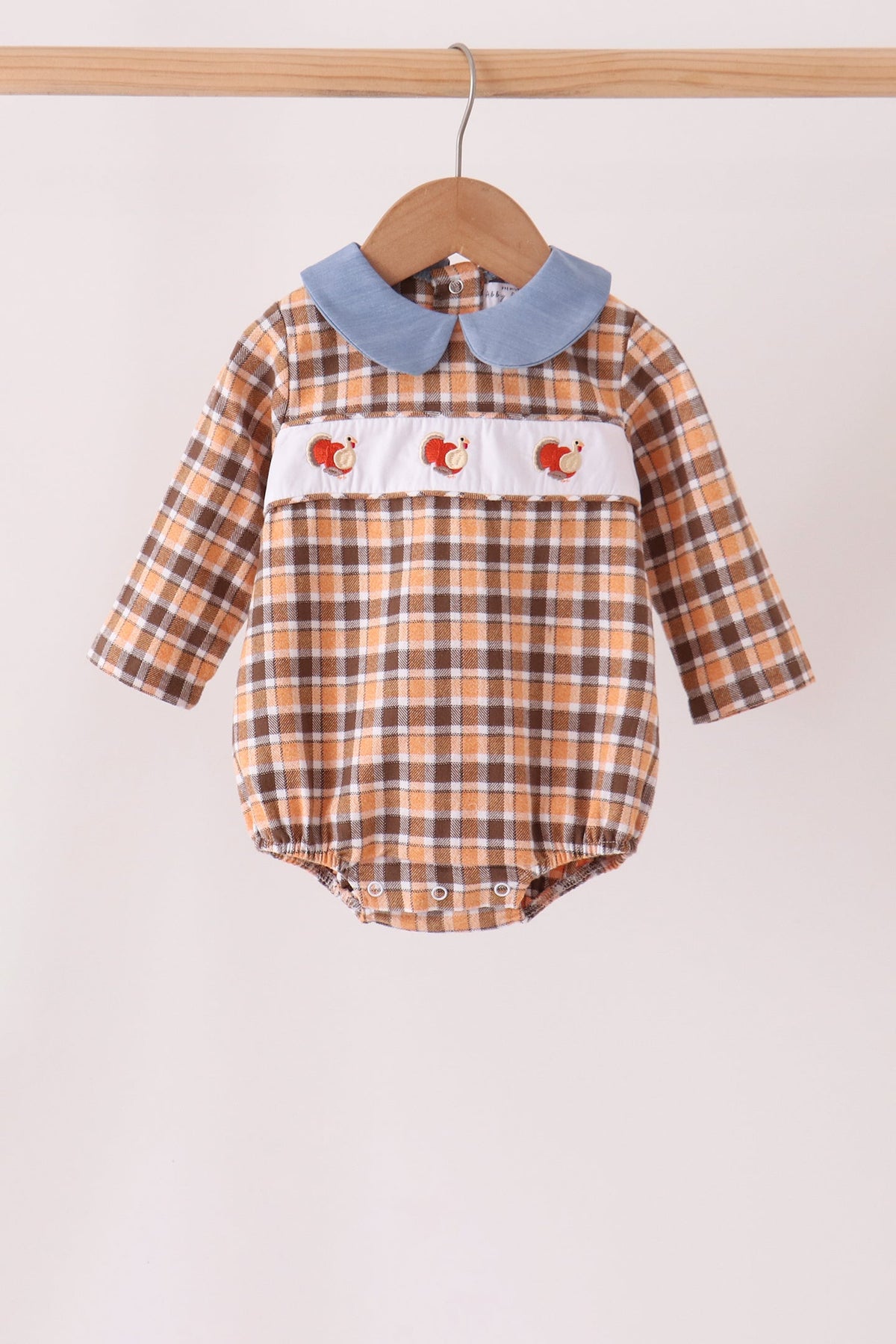 Blue Turkey Embroidery Plaid Bubble - Sweet Fall Style for Little Ones
