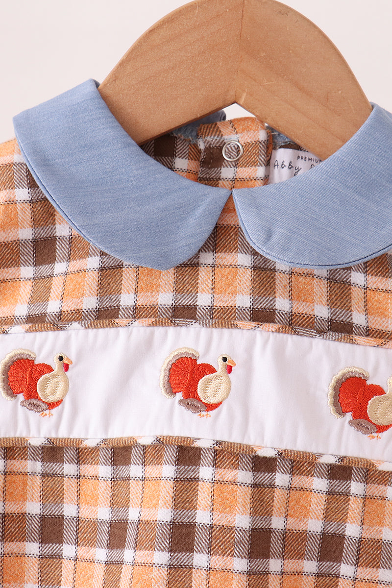 Blue Turkey Embroidery Plaid Bubble - Sweet Fall Style for Little Ones