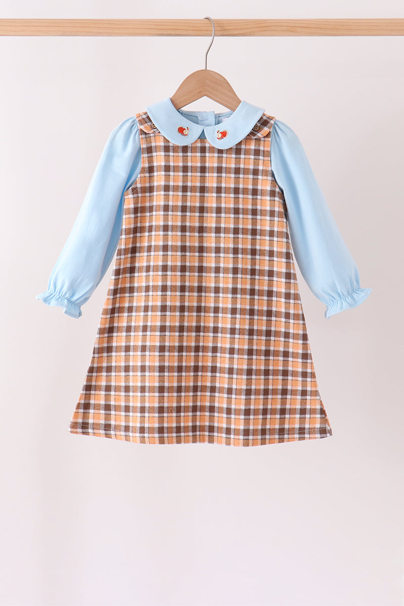 Blue Turkey Embroidery Plaid 2-Piece Set - Sweet Fall Style for Girls