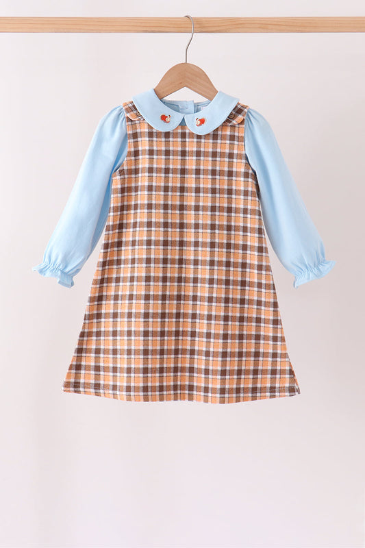 Blue Turkey Embroidery Plaid 2-Piece Set - Sweet Fall Style for Girls
