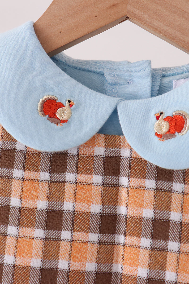Blue Turkey Embroidery Plaid 2-Piece Set - Sweet Fall Style for Girls