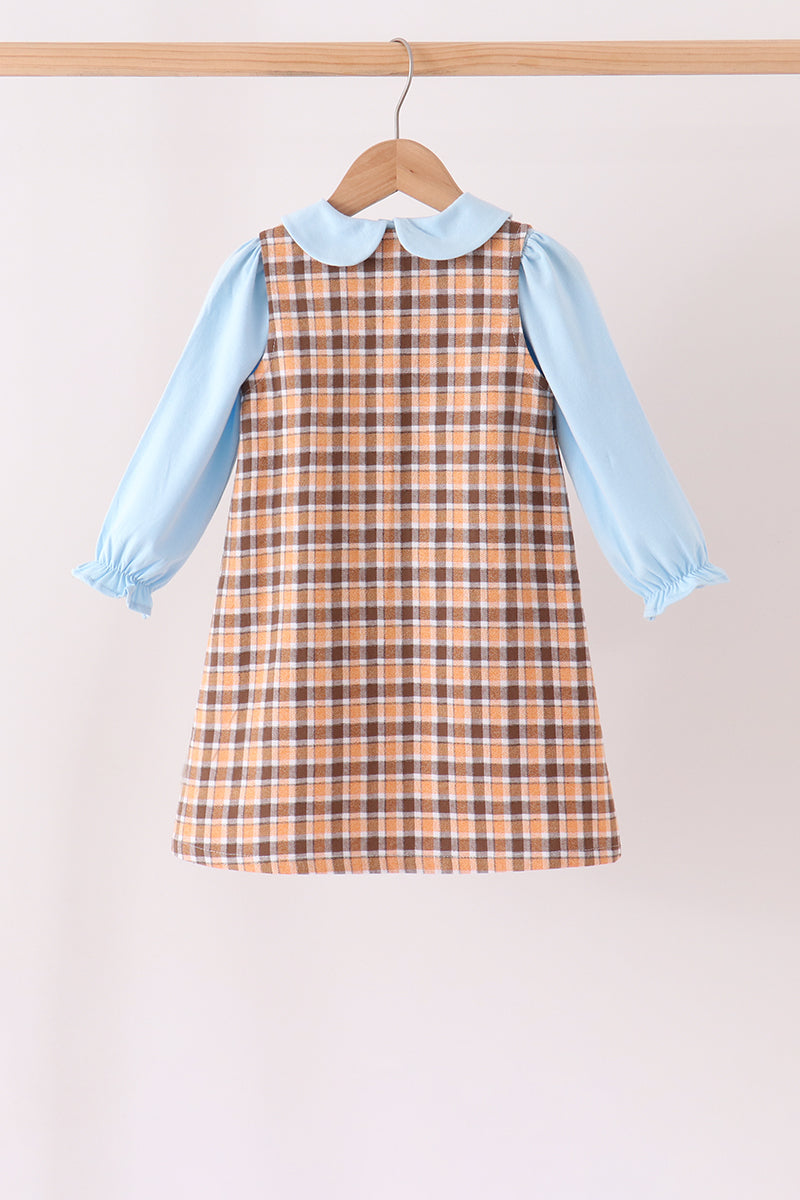 Blue Turkey Embroidery Plaid 2-Piece Set - Sweet Fall Style for Girls